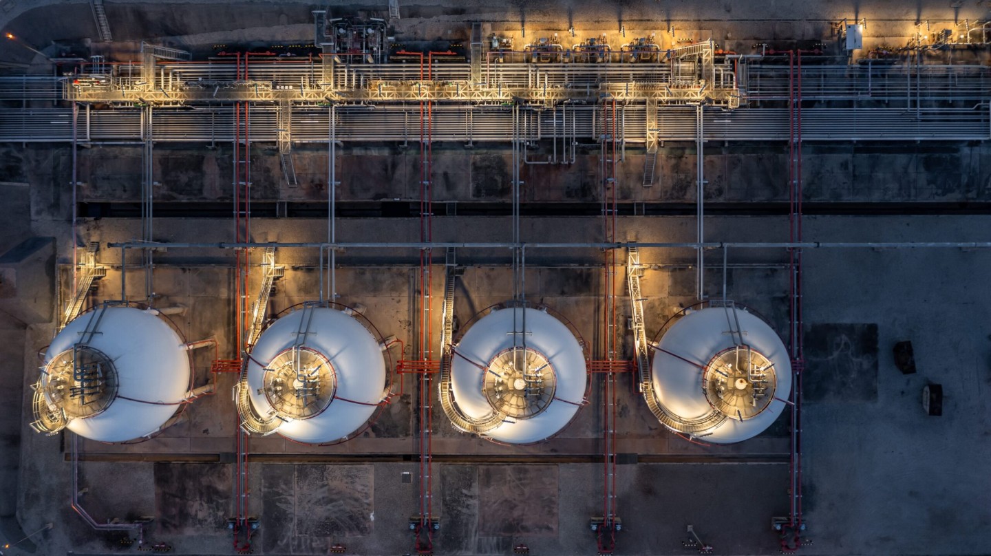 Aerial,View,Spherical,Tanks,For,Petrochemical,Plant,At,Night,,Industrial